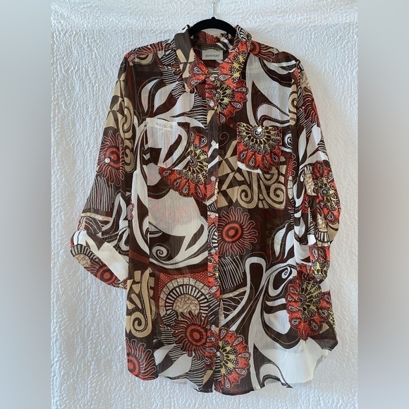 Avenue Sheer 3/4 Sleeve Button Down Top - Picture 1 of 12